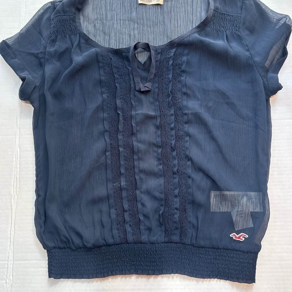 Vintage Y2K Hollister Sheer Navy Blue Short Sleeve Blouse Size L 2003